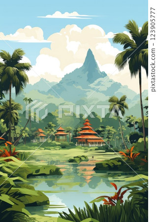 little village in tropical jungle landscape illustration 123905777