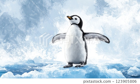 cute penguin resting on an ice floe in frozen landscape illustration 123905806