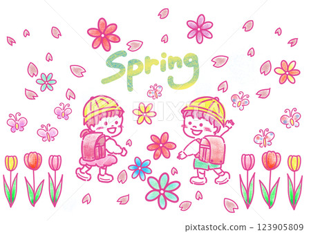 春天_櫻花、小學生、鬱金香 123905809