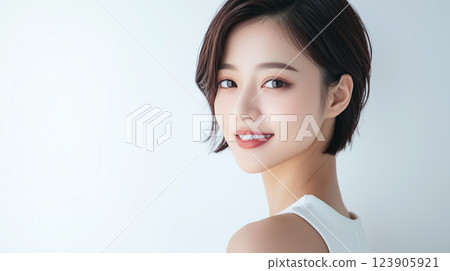 皮膚白皙、年輕漂亮的亞洲女模特兒的美容肖像。她留著短髮，化著自然的妝。 123905921