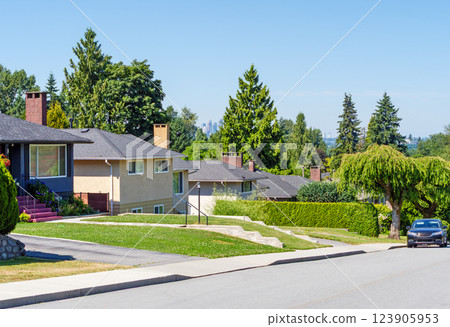 Street of residential houses with a car parked on side. Residential area with Metrotown view Street of residential houses with a car parked on side. Residential area with Metrotown view 123905953