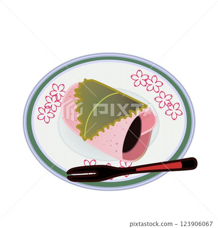 Illustration of Kanto-style Sakuramochi served on a small plate 123906067
