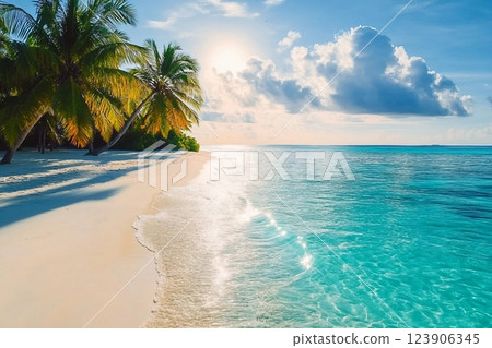 Beautiful beach with palm trees and moody sky. Summer vacation travel holiday background concept. Maldives paradise beach. Luxury travel summer holiday background concept. Beautiful beach with palm trees and moody sky. Summer vacation travel holiday background concept. Maldives paradise beach. Luxury travel summer holiday background concept. 123906345