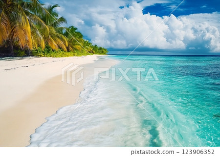 Beautiful beach with palm trees and moody sky. Summer vacation travel holiday background concept. Maldives paradise beach. Luxury travel summer holiday background concept. 123906352