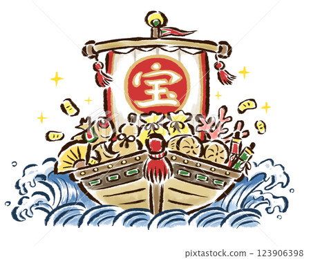 滿載寶藏與大浪的寶船-手繪插圖 123906398