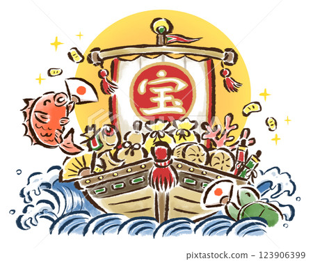 金色寶船和鯛魚以及拿著折扇的烏龜-手繪插圖 123906399