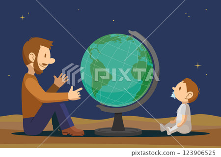A vector illustration of a father teaching his baby about the history of the Earth and environmental issues in front of a globe. 123906525