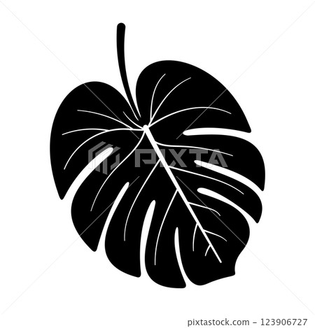 Monstera Leaf Silhouette Vector Illustration. The leaf is depicted with intricate vein details and natural curves, emphasizing its organic shape. 123906727
