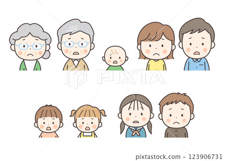 Set of upper body illustrations of various generations with troubled faces Set of upper body illustrations of various generations with troubled faces 123906731