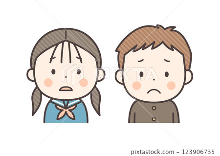 身穿校服、帶著苦惱的男孩和女孩的上半身插圖 身穿校服、帶著苦惱的男孩和女孩的上半身插圖 123906735