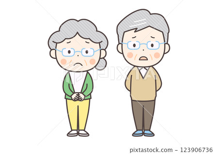 一對面帶著苦惱的老年夫婦的全身插畫 一對面帶著苦惱的老年夫婦的全身插畫 123906736