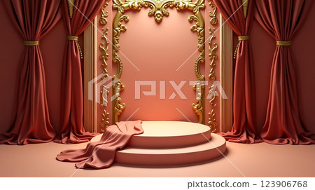 Elegant stage setup with golden accents and rich drapery for an artistic performance or presentation Elegant stage setup with golden accents and rich drapery for an artistic performance or presentation 123906768