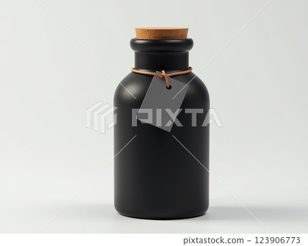 Stylish black ceramic jar with wooden lid and empty tag on a light background 123906773