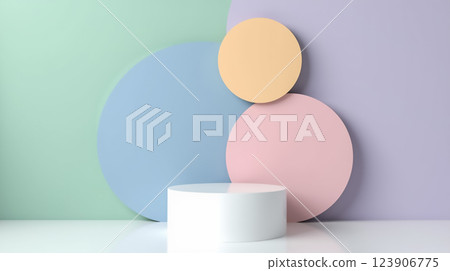 Colorful geometric shapes create a modern backdrop for creative presentations in a minimalist studio setting 123906775