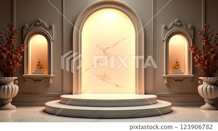 Elegant interior display with marble backdrop and decorative elements in a sophisticated setting Elegant interior display with marble backdrop and decorative elements in a sophisticated setting 123906782