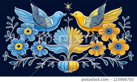 Colorful birds and flowers in traditional folk art design showcasing harmony and nature's beauty 123906783