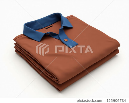 Folded brown polo shirt with blue collar placed neatly on a flat surface in a well-lit room Folded brown polo shirt with blue collar placed neatly on a flat surface in a well-lit room 123906784