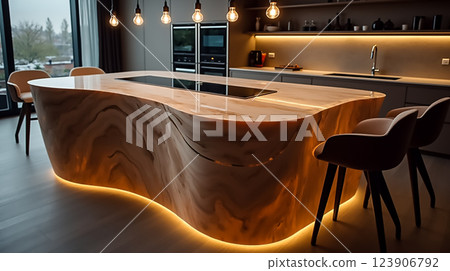 Modern kitchen with unique marble island and elegant lighting at dusk in a contemporary home 123906792