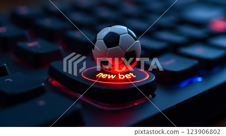 Soccer ball sits on a backlit keyboard button labeled new bet suggesting online gambling during evening hours Soccer ball sits on a backlit keyboard button labeled new bet suggesting online gambling during evening hours 123906802