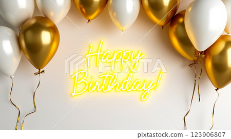 Birthday celebration decoration features golden and white balloons with a glowing birthday sign on the wall 123906807