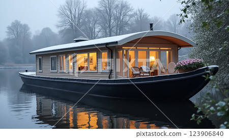 Cozy houseboat on tranquil waters at dawn with warm lights glowing from the windows Cozy houseboat on tranquil waters at dawn with warm lights glowing from the windows 123906840