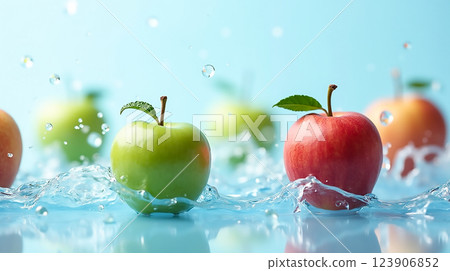 Fresh apples splashing in water with vibrant colors and vivid reflections creating a lively scene 123906852