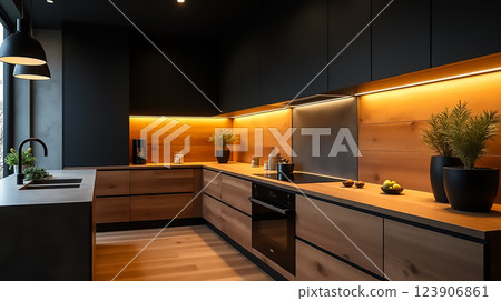 Modern kitchen design featuring sleek cabinetry and warm lighting in a stylish urban apartment 123906861
