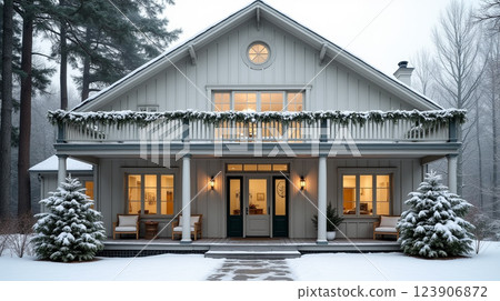 Snow-covered house with warm lights and holiday decorations in a winter landscape 123906872
