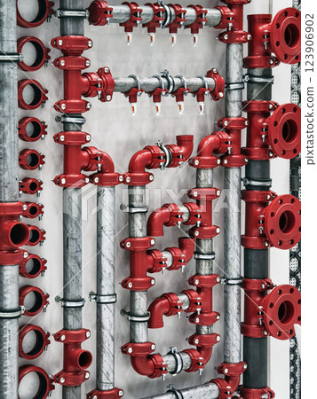 Detailed arrangement of industrial plumbing pipes and fittings in a mechanical workspace 123906902
