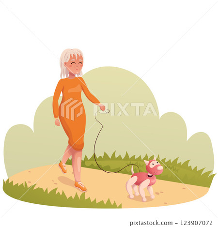 Vector illustration elderly woman walking with robot dog 123907072