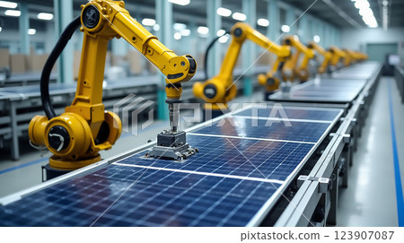 Robotic arms assembling solar panels in a modern factory environment during daytime hours Robotic arms assembling solar panels in a modern factory environment during daytime hours 123907087