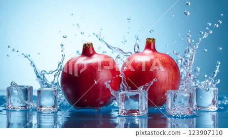 Fresh red pomegranates create splashes with ice cubes in a vibrant setup 123907110