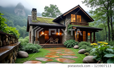 Charming stone cottage surrounded by lush greenery in a serene mountainous environment on a misty day 123907113