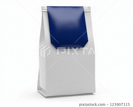 Packaging design featuring a white bag with a blue flap for food or product storage at a modern setting 123907115