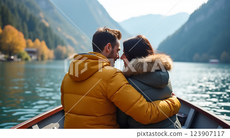 Couple enjoys a cozy moment on a scenic lake surrounded by mountains in autumn 123907117