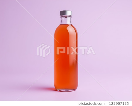 Clear glass bottle filled with vibrant orange beverage against a pastel background Clear glass bottle filled with vibrant orange beverage against a pastel background 123907125