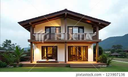 Modern two-story house with outdoor space set against a mountain backdrop during twilight 123907136