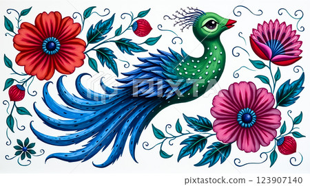 Colorful peacock surrounded by vibrant flowers representing traditional artistic style Colorful peacock surrounded by vibrant flowers representing traditional artistic style 123907140