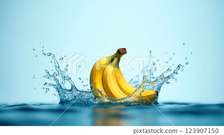 Bananas create splashes of water in bright blue background showcasing freshness and vitality in a creative setting Bananas create splashes of water in bright blue background showcasing freshness and vitality in a creative setting 123907150