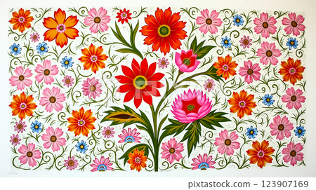 Bright floral mural featuring a variety of colorful flowers in a vibrant and intricate design 123907169