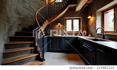Elegant kitchen design featuring a spiral staircase and natural stone walls in a cozy home setting 123907224