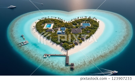 Heart-shaped island resort with pools surrounded by turquoise waters 123907233