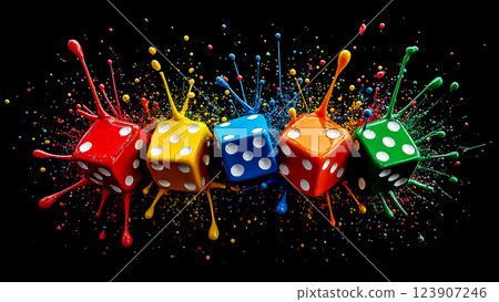 Colorful dice splash against a black background creating a vibrant and dynamic visual display of movement and energy 123907246