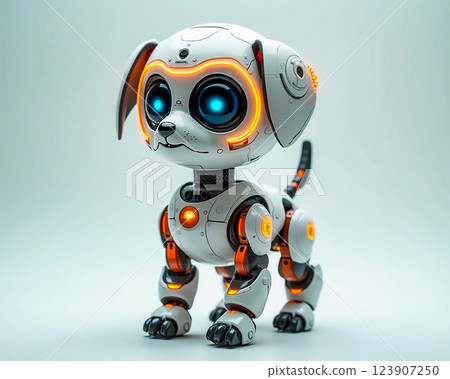 Innovative robotic dog toy with glowing eyes and modern design in a neutral background Innovative robotic dog toy with glowing eyes and modern design in a neutral background 123907250