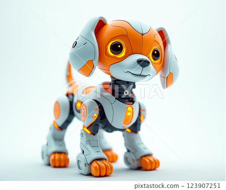 Robot dog toy with vibrant orange and gray colors standing against a light background in a simulated playful environment 123907251
