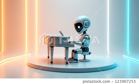Robot plays a grand piano in a futuristic setting with vibrant lights and sleek design 123907253
