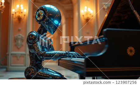 Robotic musician plays piano in a grand hall filled with luxury and elegance while showcasing advanced technology 123907256