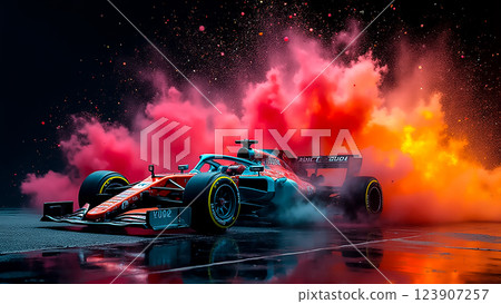 High-speed racing car performing a stunning drift with colorful smoke at night in an urban setting High-speed racing car performing a stunning drift with colorful smoke at night in an urban setting 123907257
