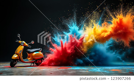 Vibrant scooter with colorful powder explosion creates an artistic backdrop in a creative setting 123907266