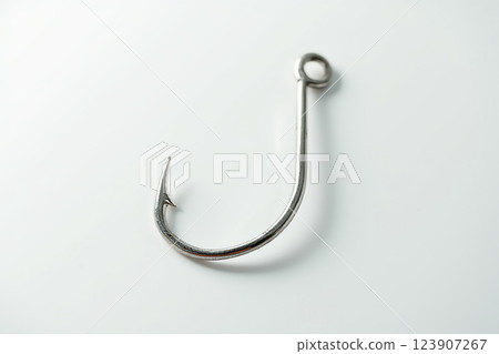 Metal fishing hook resting on a white background showcasing its sharp curve and sturdy design Metal fishing hook resting on a white background showcasing its sharp curve and sturdy design 123907267